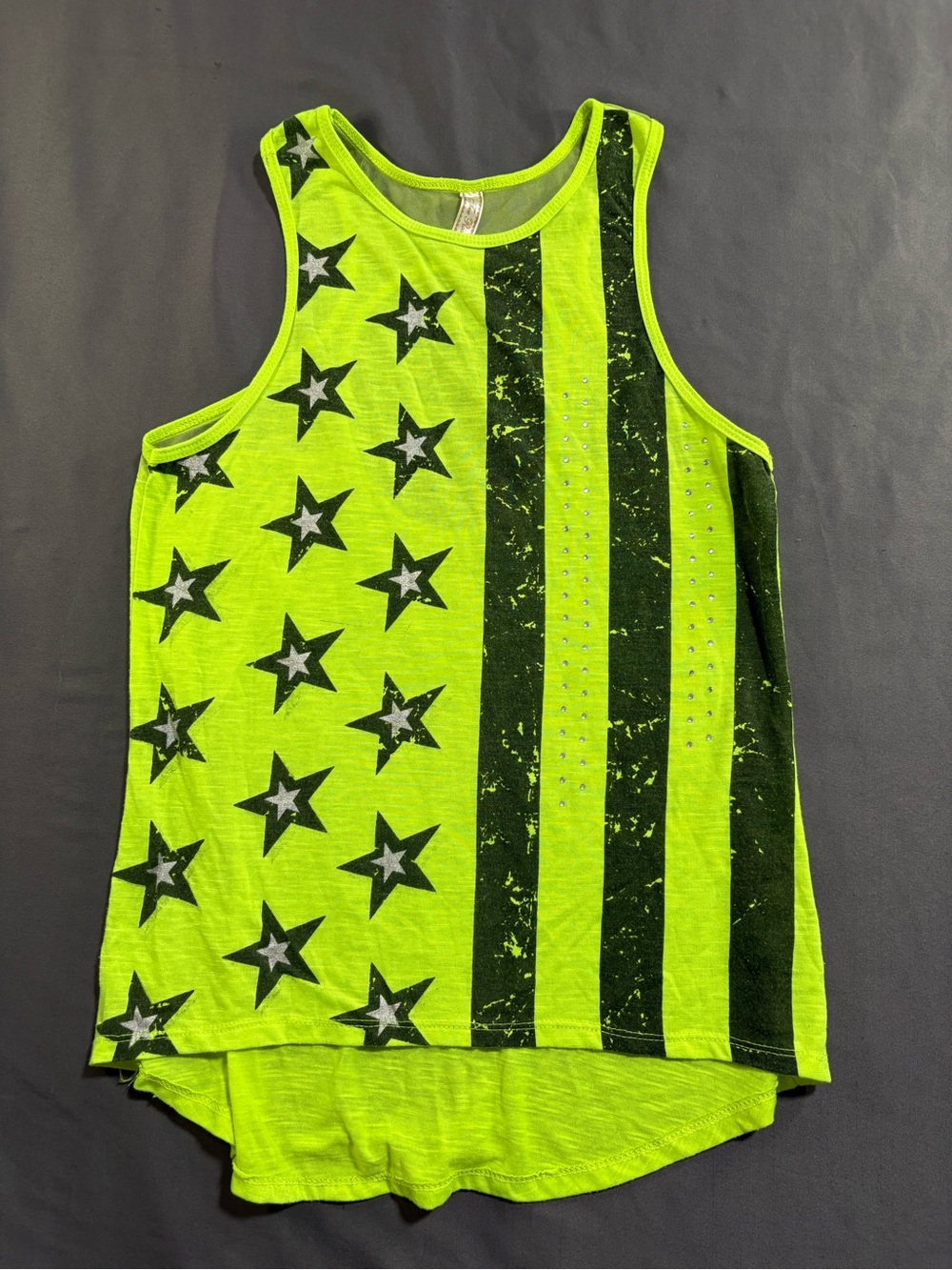 Neon Green American Flag Rhinestone Tank Top High-Low Hem Sleeveless Shirt